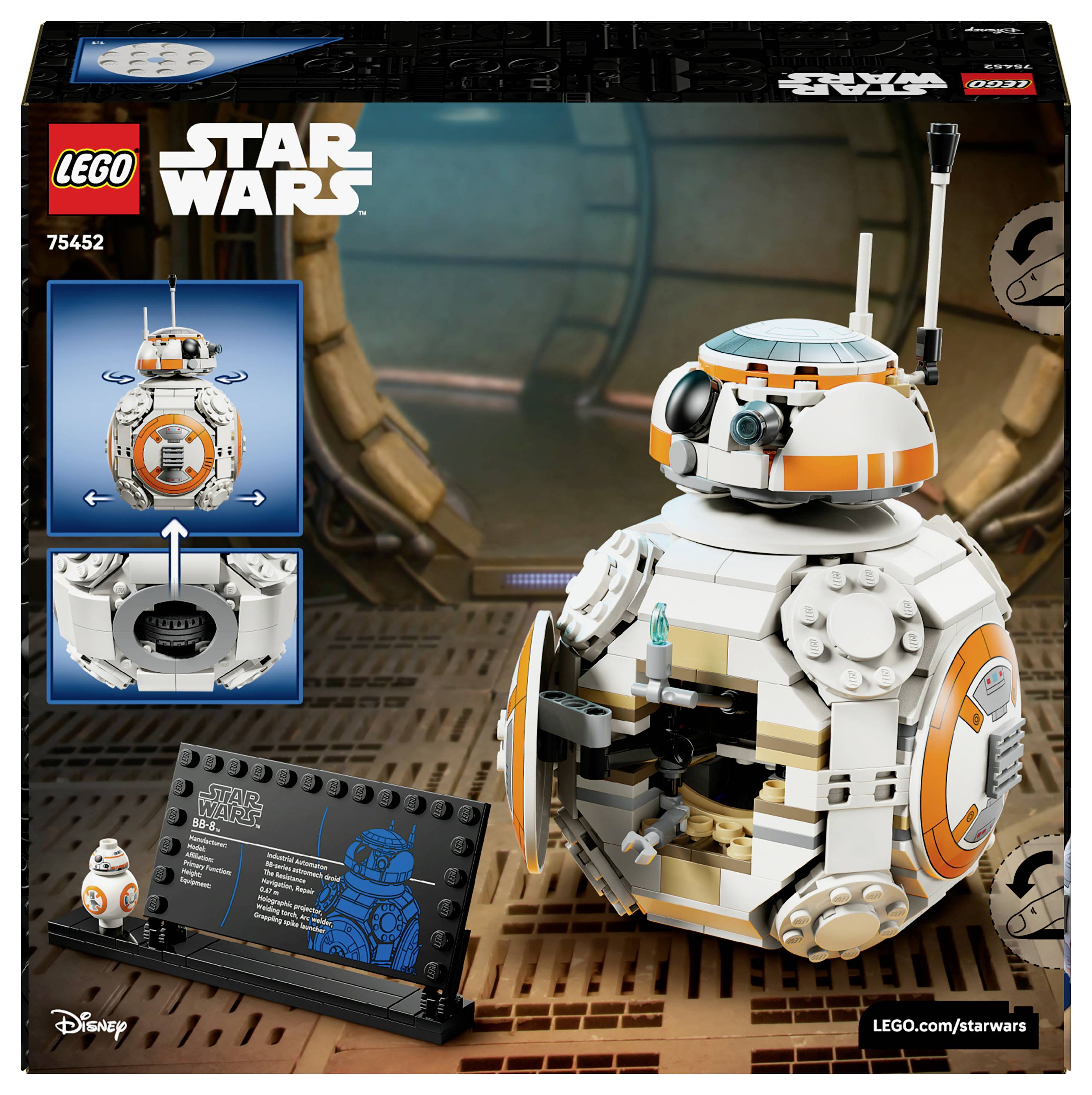 LEGO Star Wars set box featuring BB-8 droid model, displaying rotating head and hatch details, with assembly information included.
