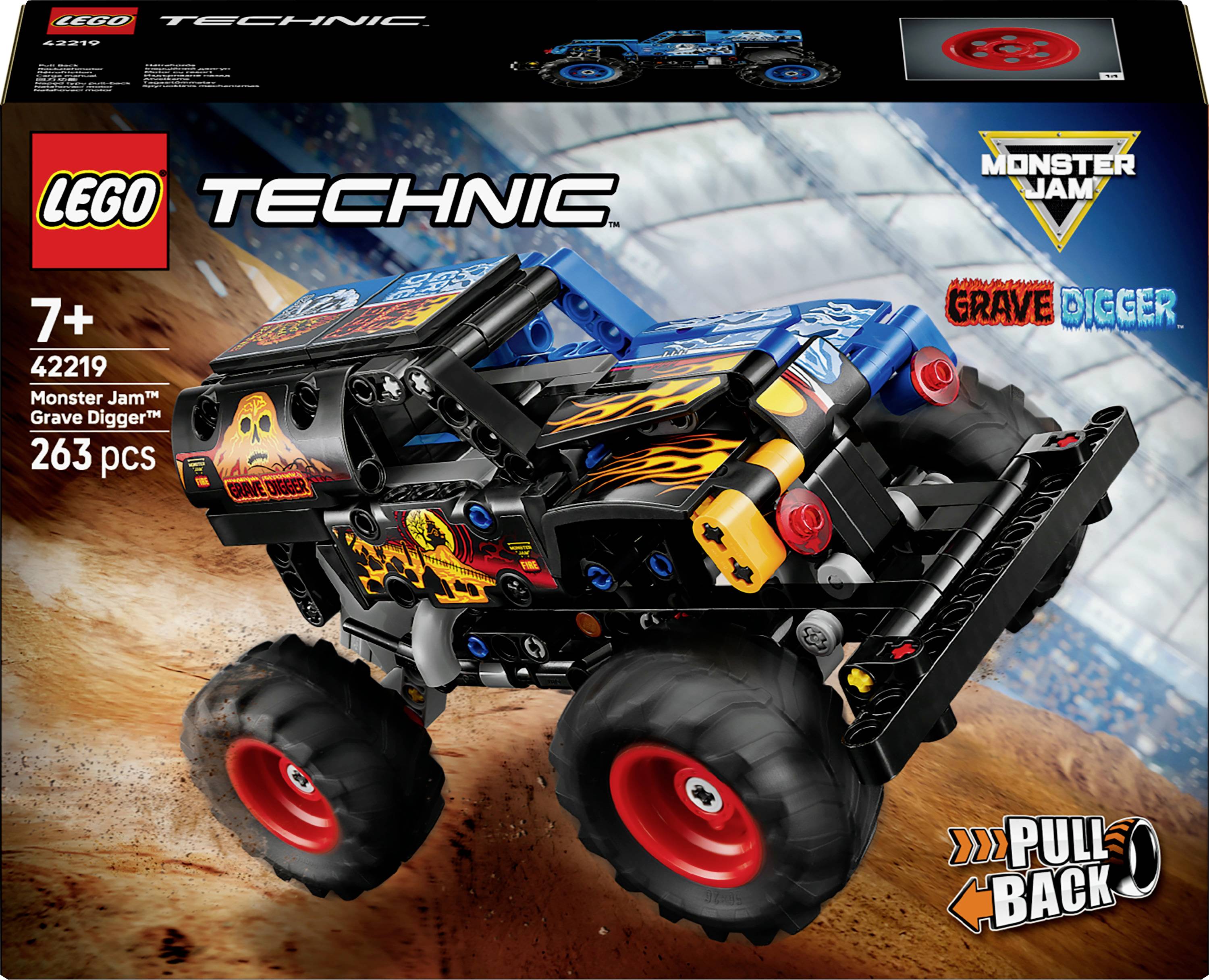 LEGO Technic Monster Jam Grave Digger set, featuring a pull-back toy truck with bold graphics, for ages 7 and up, 263 pieces.