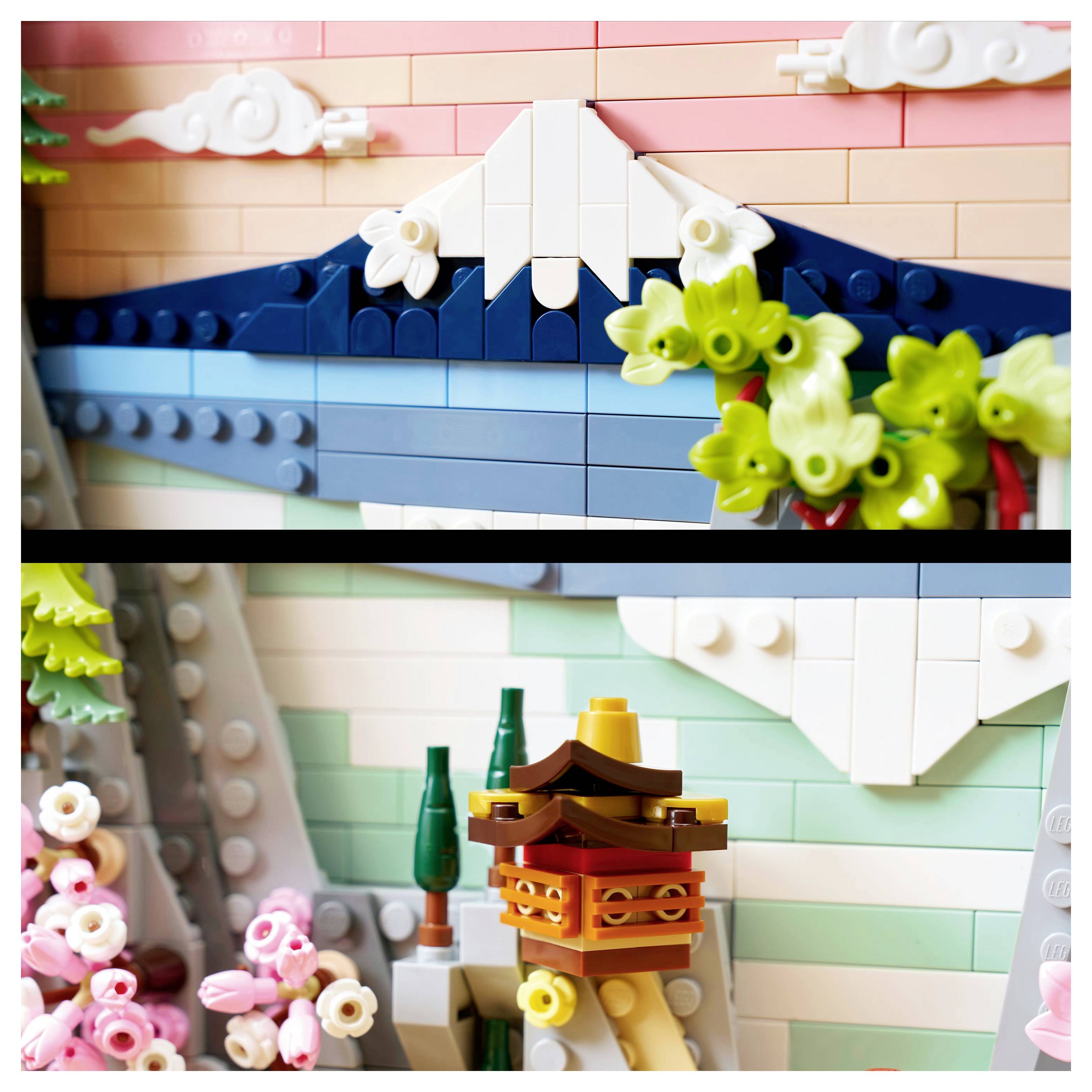 Lego mosaic depicting Mount Fuji with clouds and cherry blossoms, highlighting intricate details of the famous Japanese mountain scene.