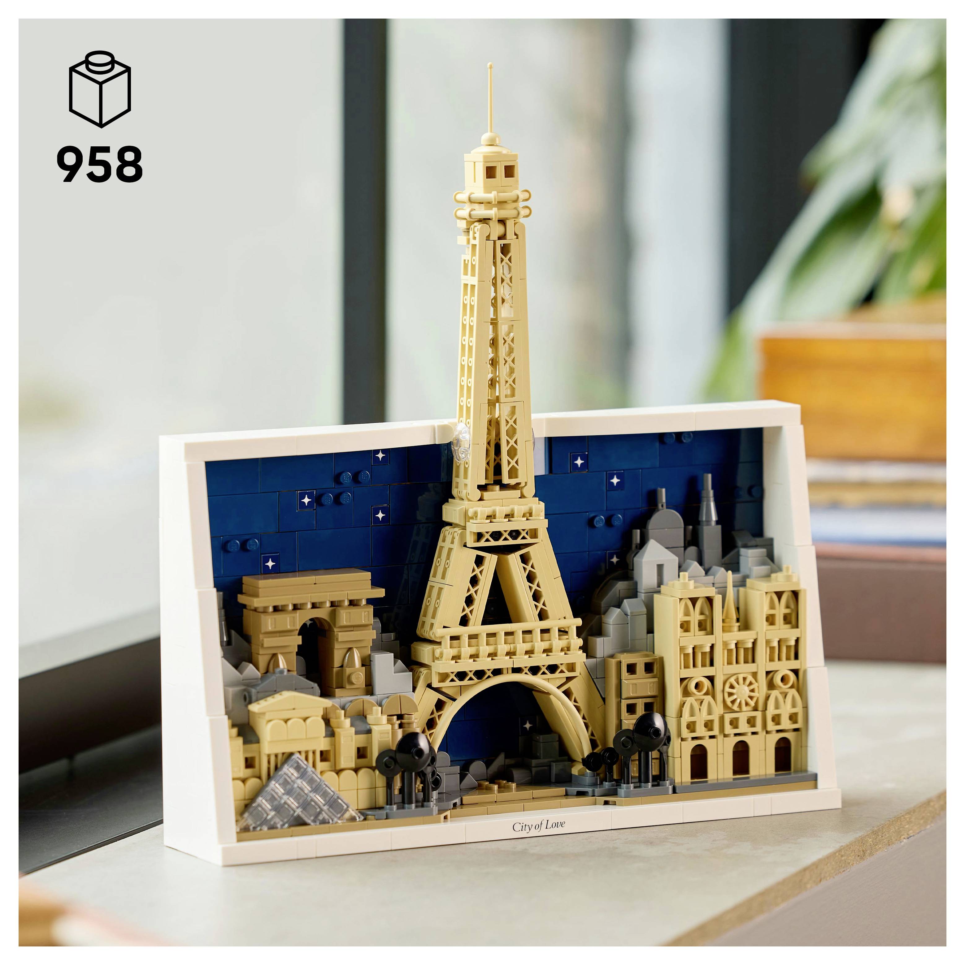 'Lego Architecture set of Paris' featuring the Eiffel Tower, Arc de Triomphe, and other iconic landmarks in a decorative display.