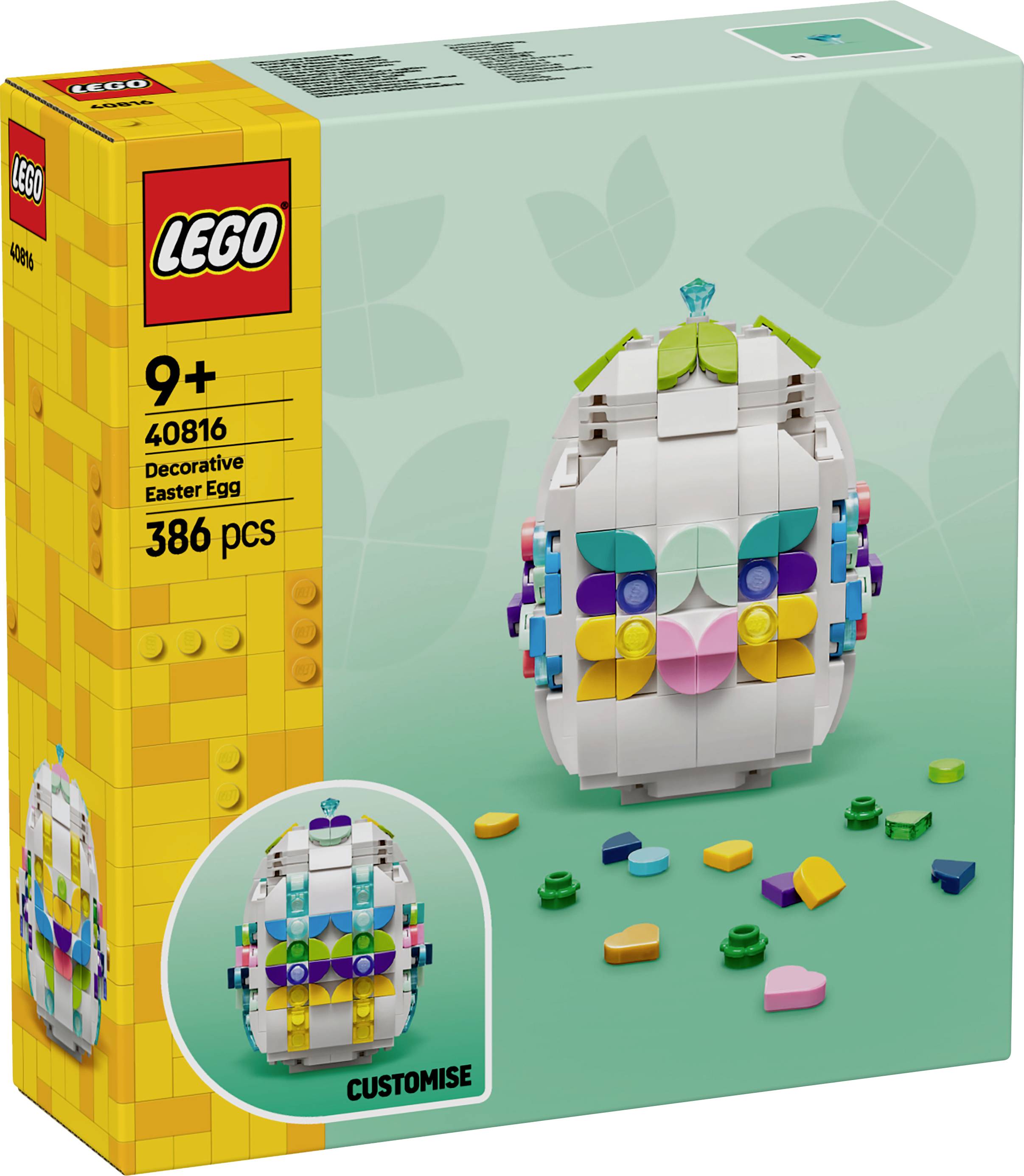 LEGO set box for a 'Decorative Easter Egg', suitable for ages 9+, with 386 pieces. Includes colorful building bricks and customization options.