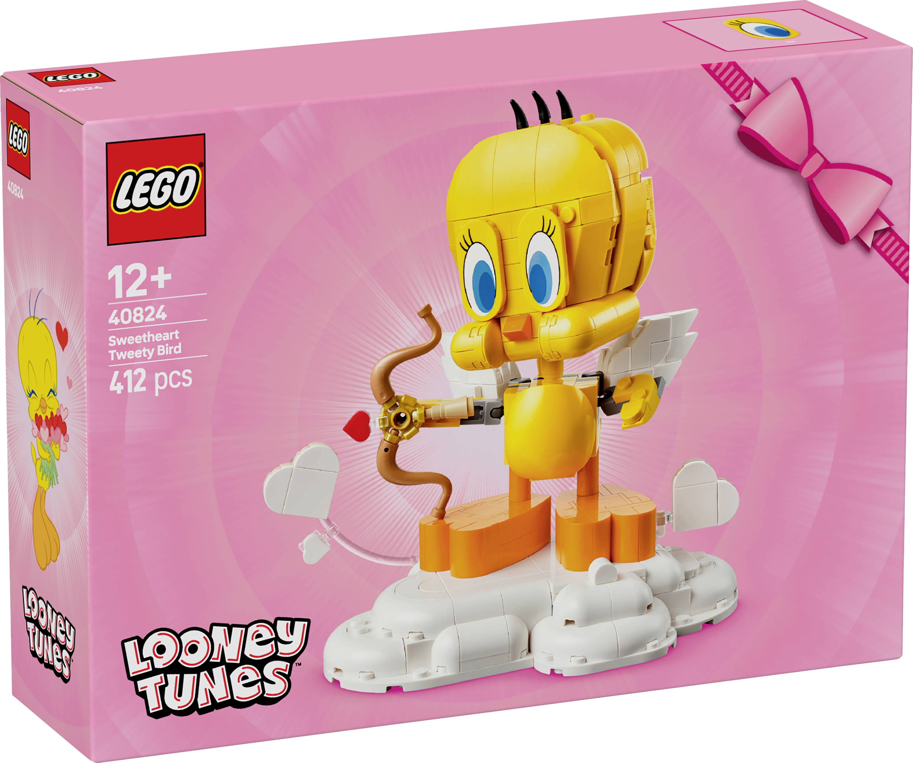 LEGO set of a Sweetheart Tweety Bird, featuring a yellow character with a bow and arrow on a cloud. Targeted for ages 12+, 412 pieces.
