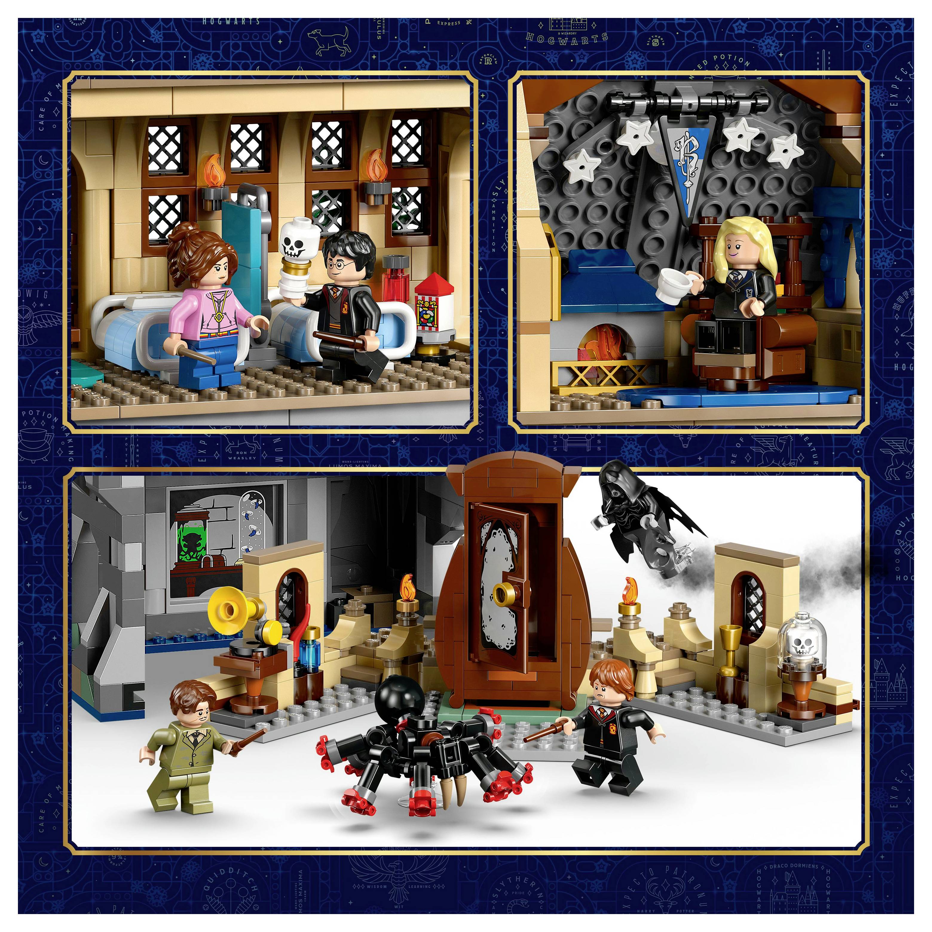 Three LEGO sets depicting Harry Potter scenes: a cozy room with Harry and Hermione, a classroom with a teacher, and a castle with characters and creatures.