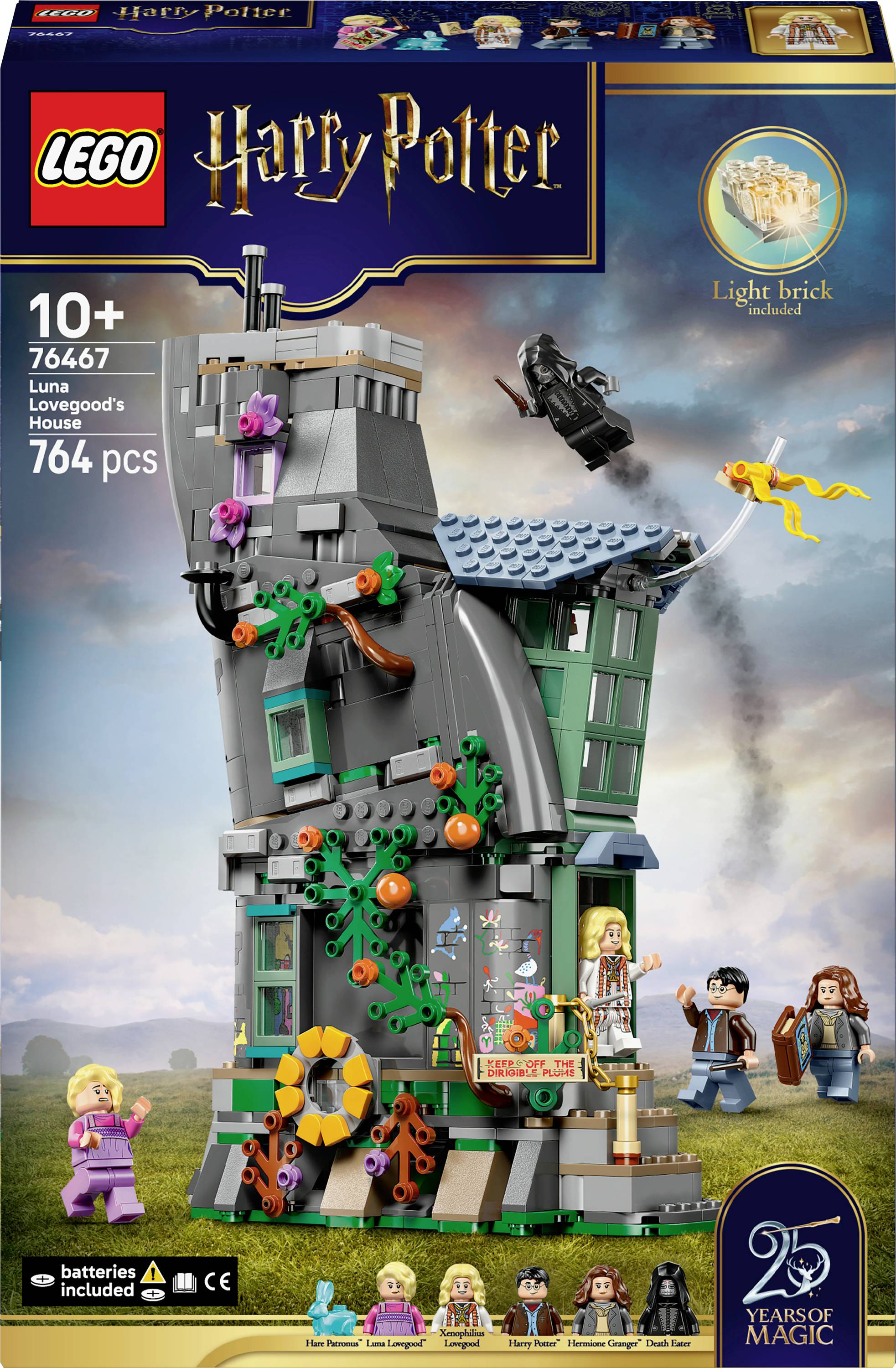 Lego Harry Potter set of Luna Lovegood's House, featuring a tall, whimsical structure with characters and details. Ages 10+, set 76467.
