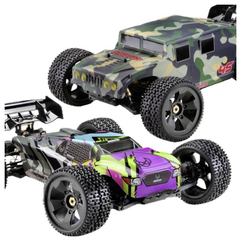 Two remote-controlled cars: one with a camouflage pattern and '45', the other with vibrant green, purple, and black detailing.