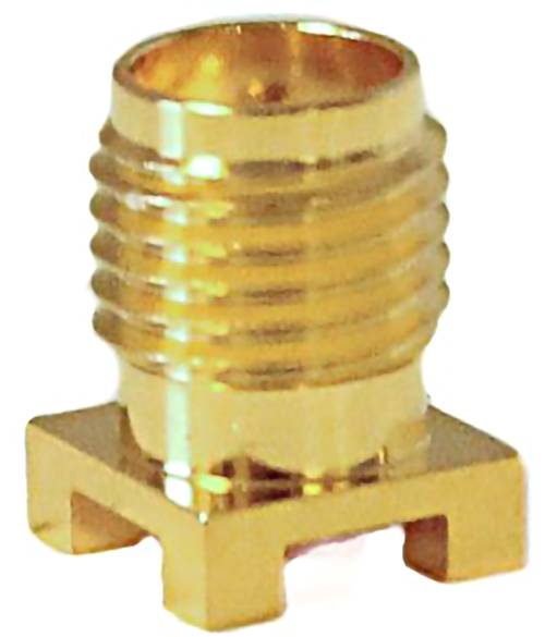 A gold-colored, threaded coaxial cable connector with a rectangular base, typically used for electronic connections.