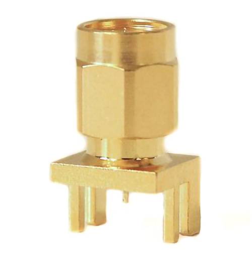 A gold vertical PCB mount SMA connector with four pins, used for RF applications, showing the cylindrical and hexagonal features.
