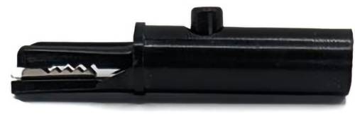 A black wire stripper tool with metal jaws and a circular grip rests against a white background.