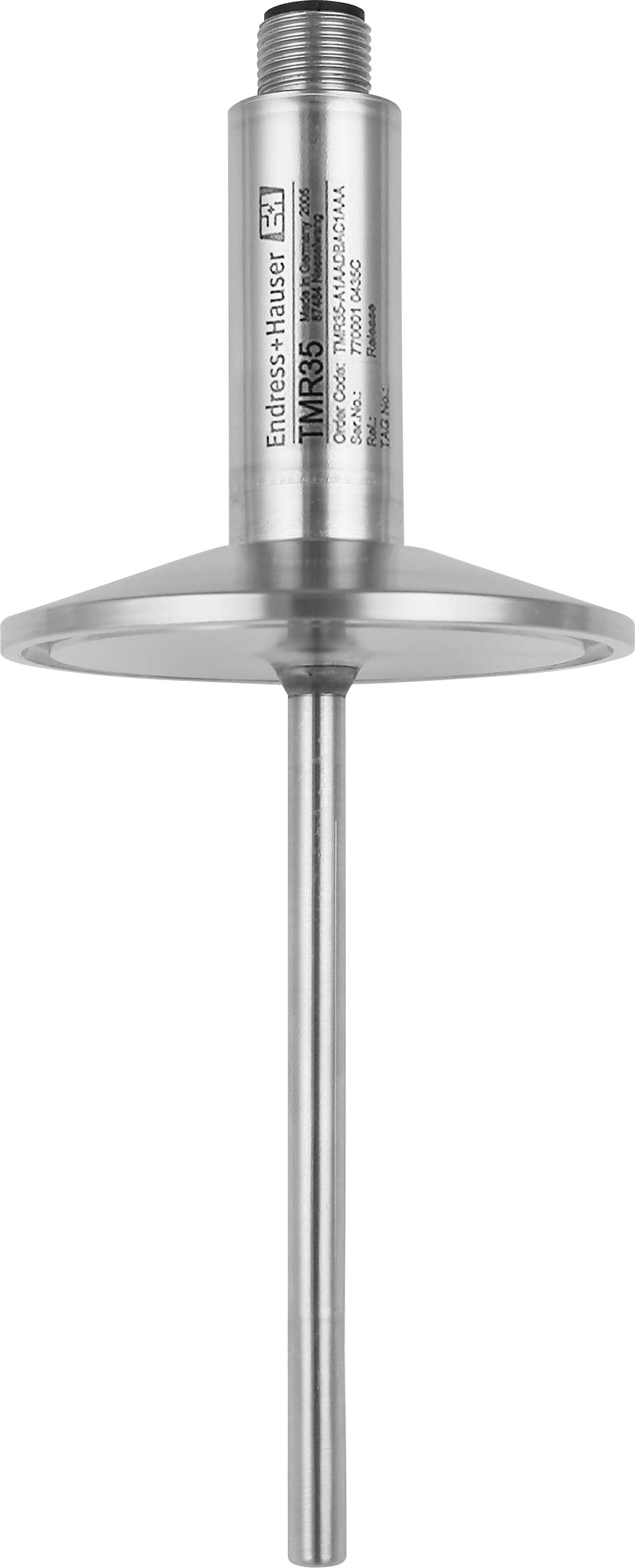 Stainless steel probe with wide disk-shaped guard, labeled 'Endress+Hauser iTHERM TM35', shown on a white background.