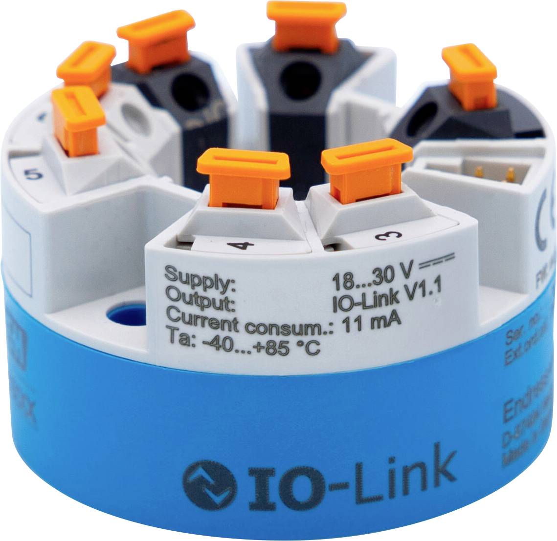 Close-up of an IO-Link industrial sensor module with numbered orange adjustment switches and printed specs on a blue base.