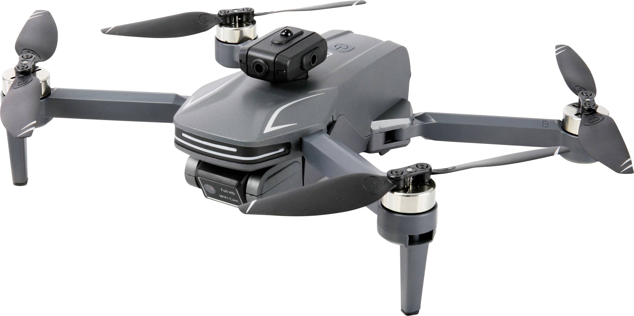 A compact, grey drone with four extended propellers and a mounted camera, designed for aerial photography and remote control use.