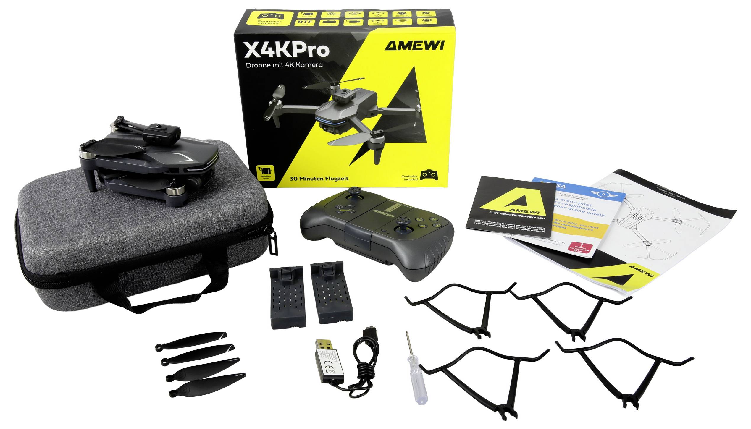 'Amewi X4KPro' drone set with folded drone, remote, gray carrying case, propellers, USB charger, prop guards, instructions, and box.