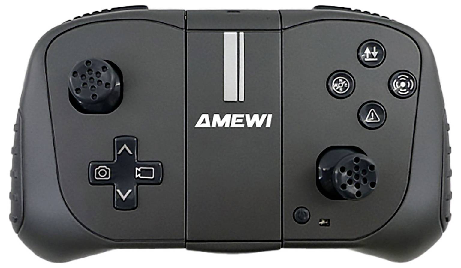 A black game controller with dual joysticks, control pad, and function buttons labeled with symbols. The logo 'AMEWI' is centered.