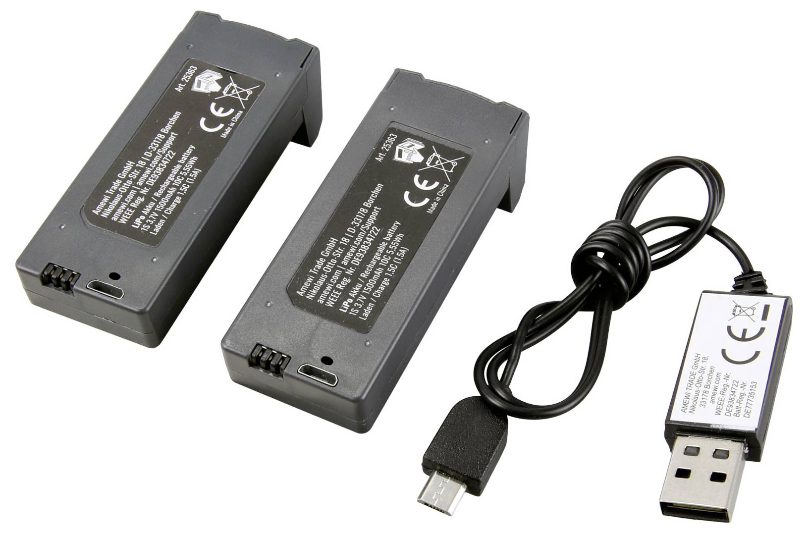 Two rechargeable batteries and a USB charging cable for a remote-controlled device, with voltage and capacity details on battery labels.