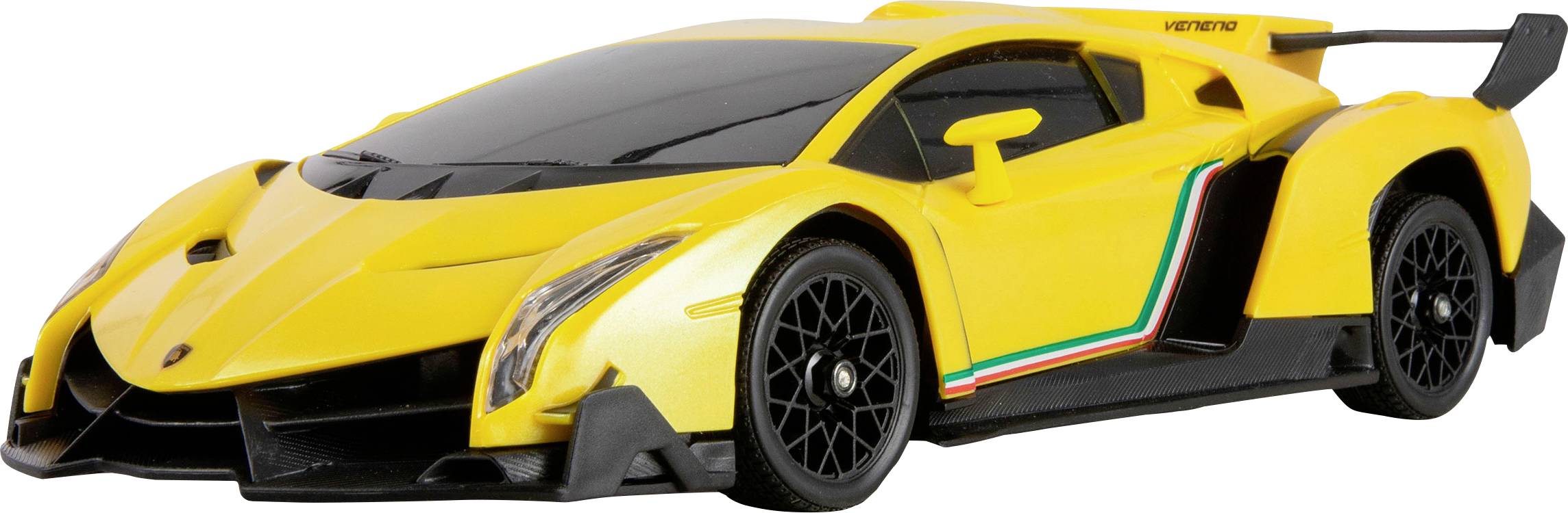 A sleek yellow sports car model with black accents and a green-white-red stripe, featuring aerodynamic design and prominent rear spoiler.