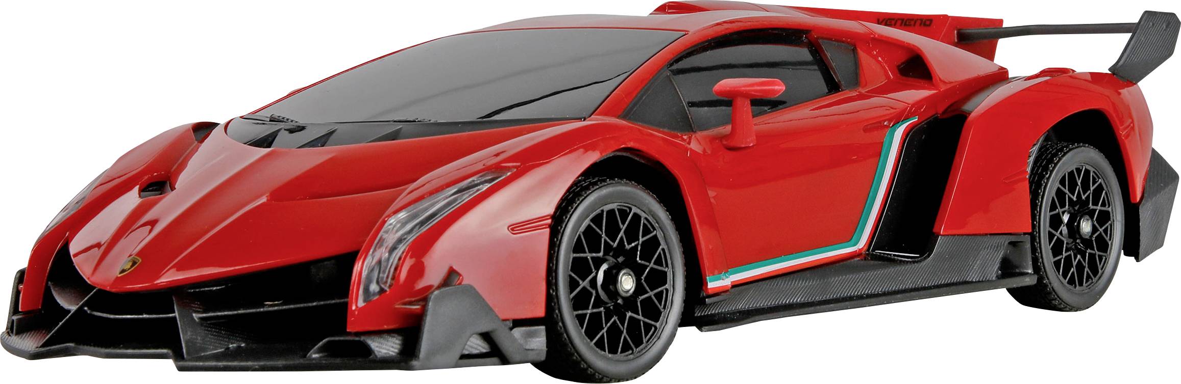 A sleek, red sports car with black accents and aerodynamic design, featuring distinctive wheels and a rear spoiler, captured in profile.