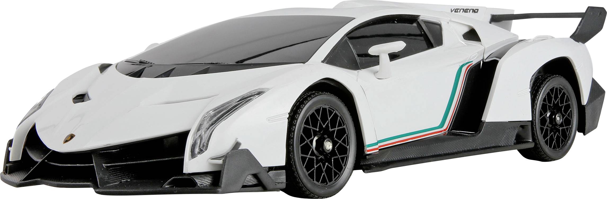 A sleek, white sports car with angular design, black wheels, and a rear spoiler. Features black accents and a stripe in red, white, and green.