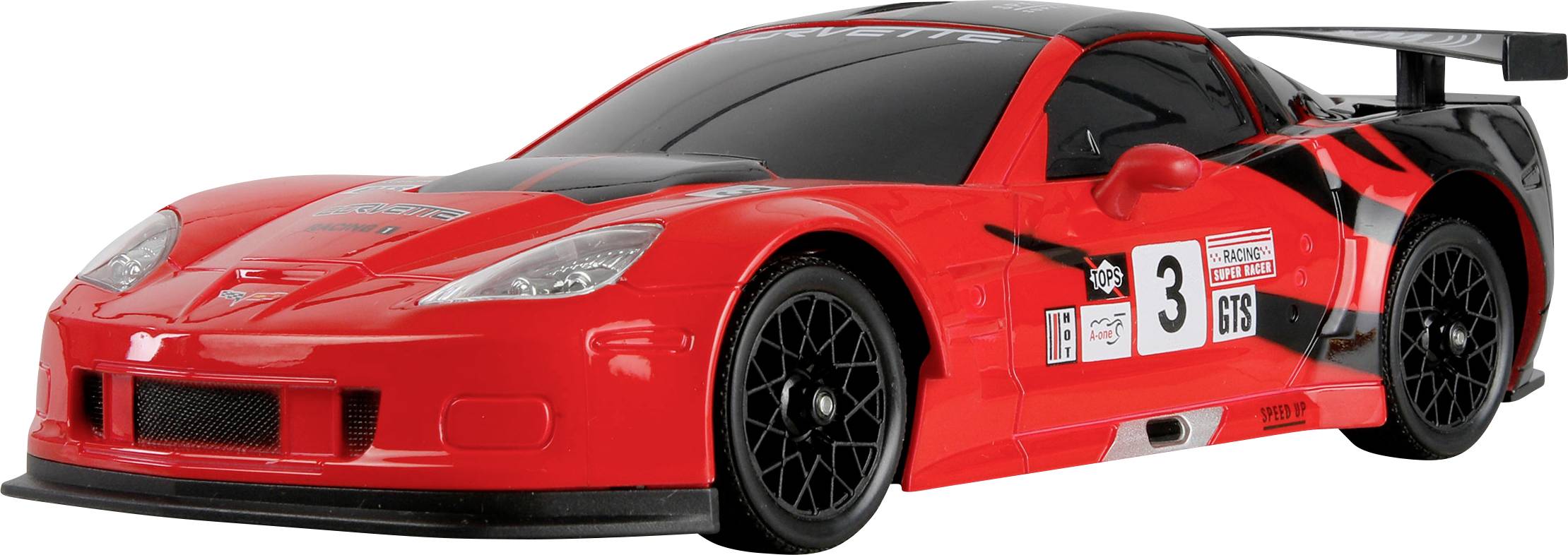 A sleek red toy race car with black accents and a large rear spoiler, featuring racing decals and the number '3' on the doors.