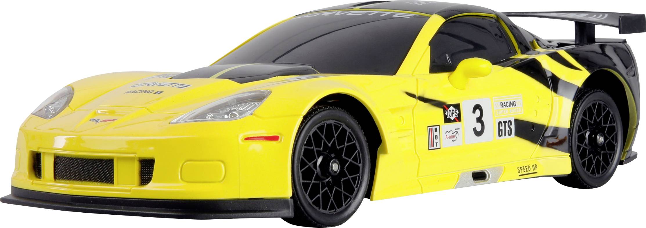 A yellow and black toy race car with a number '3' on the side, featuring racing decals and a large rear spoiler, on a white background.