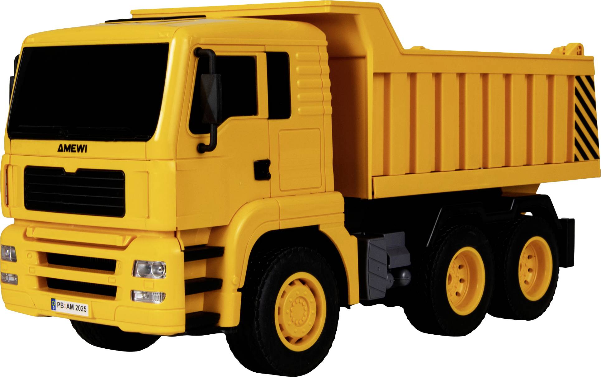 A bright yellow toy dump truck with a black grille and multiple wheels, positioned on a white background.