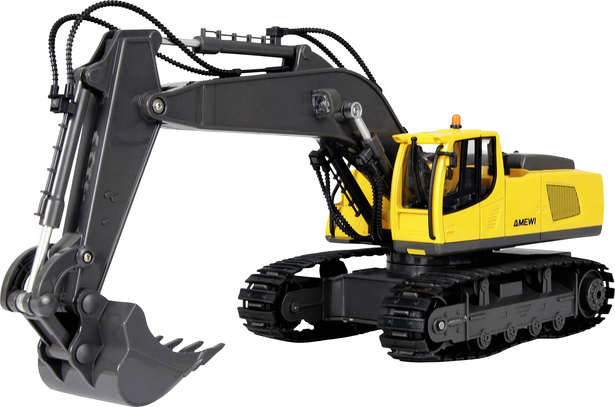 A yellow and black excavator with a large shovel attachment and tracked wheels, positioned against a plain white background.
