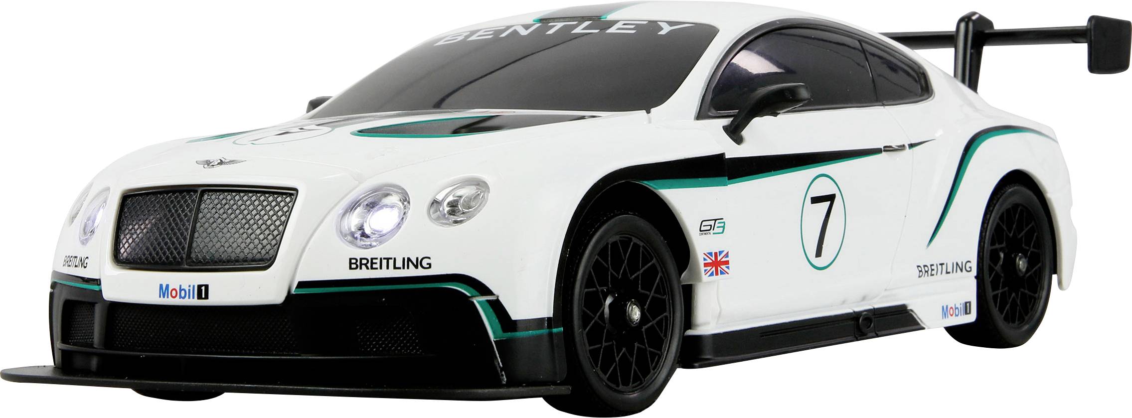 A white racing car with 'Bentley' branding, number seven on side, black rims, and multiple sponsor logos, viewed from the front left angle.