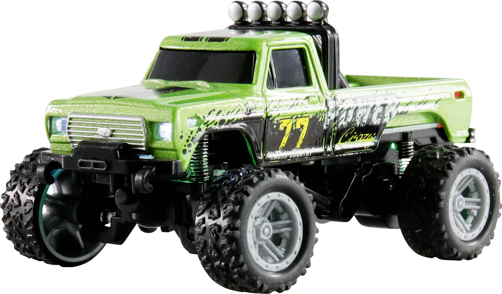 A green toy monster truck with large tires and the number '77' on the side, featuring a detailed, rugged design.