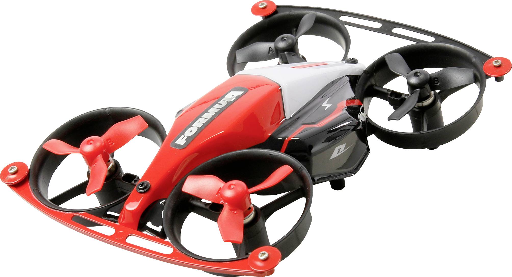 A red and black racing drone with four propellers, featuring a sleek aerodynamic design, labeled 'Formula' on the body.