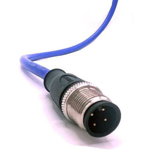 A close-up image of a blue and black electrical connector with four metal pins, used for audio or electronic devices, against a white background.