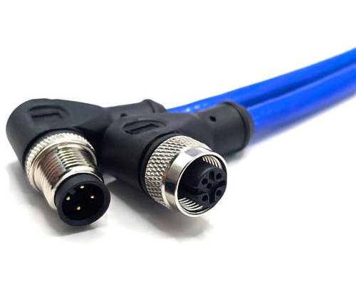 Close-up of two industrial connectors with blue cables; one features a 3-pin design and the other a 4-socket design on a white background.