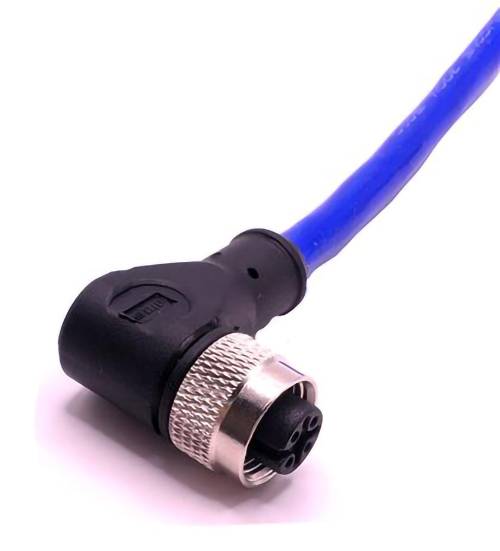 A blue Ethernet cable with a right-angle, black, and silver connector, commonly used for network connections.