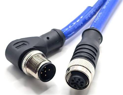 Two connected blue cables with metallic plugs on white background, showing male and female connectors for electronic connectivity.