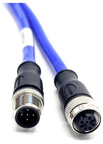 Two black and silver circular connectors at the ends of a blue cable, one with four pins and the other with four holes.