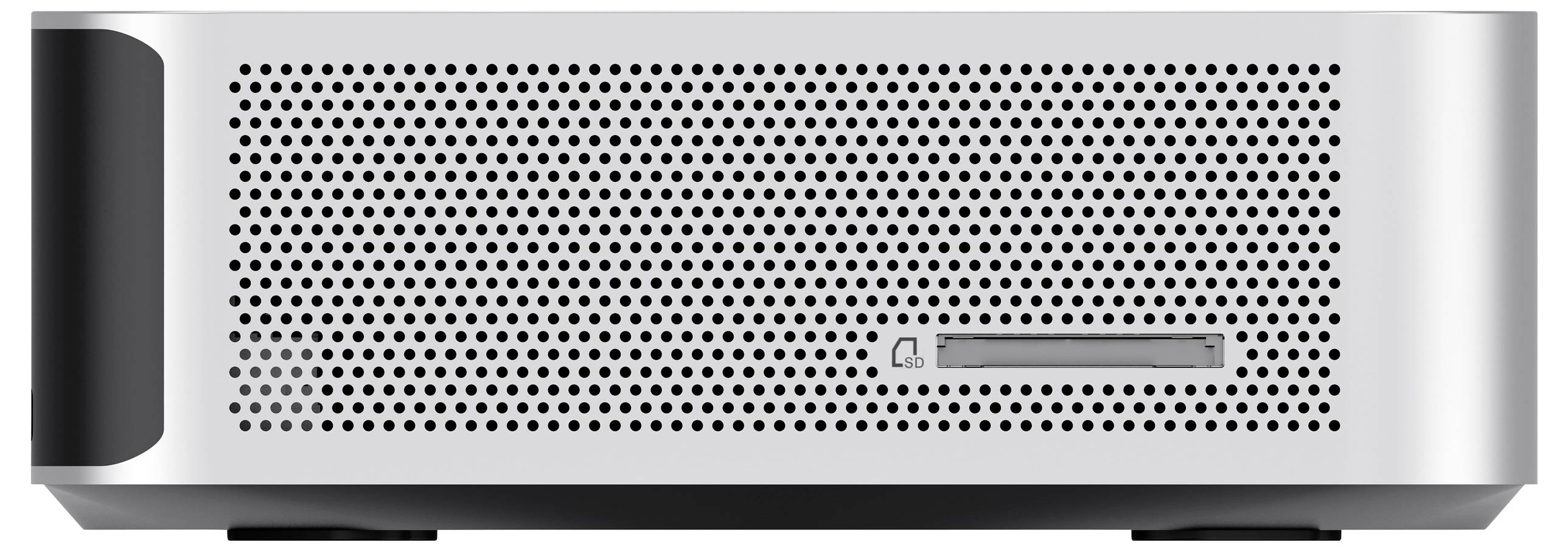 A compact, silver external hard drive with a perforated front panel and a small slot near the bottom.