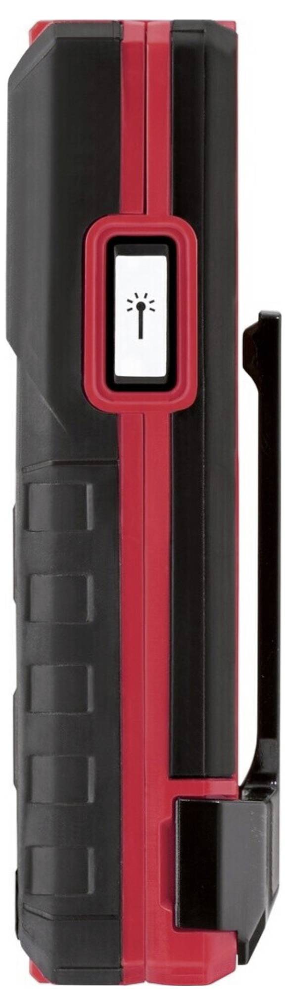 A red and black work light with a power button displaying a light bulb icon, featuring a clip on the side for attachment.
