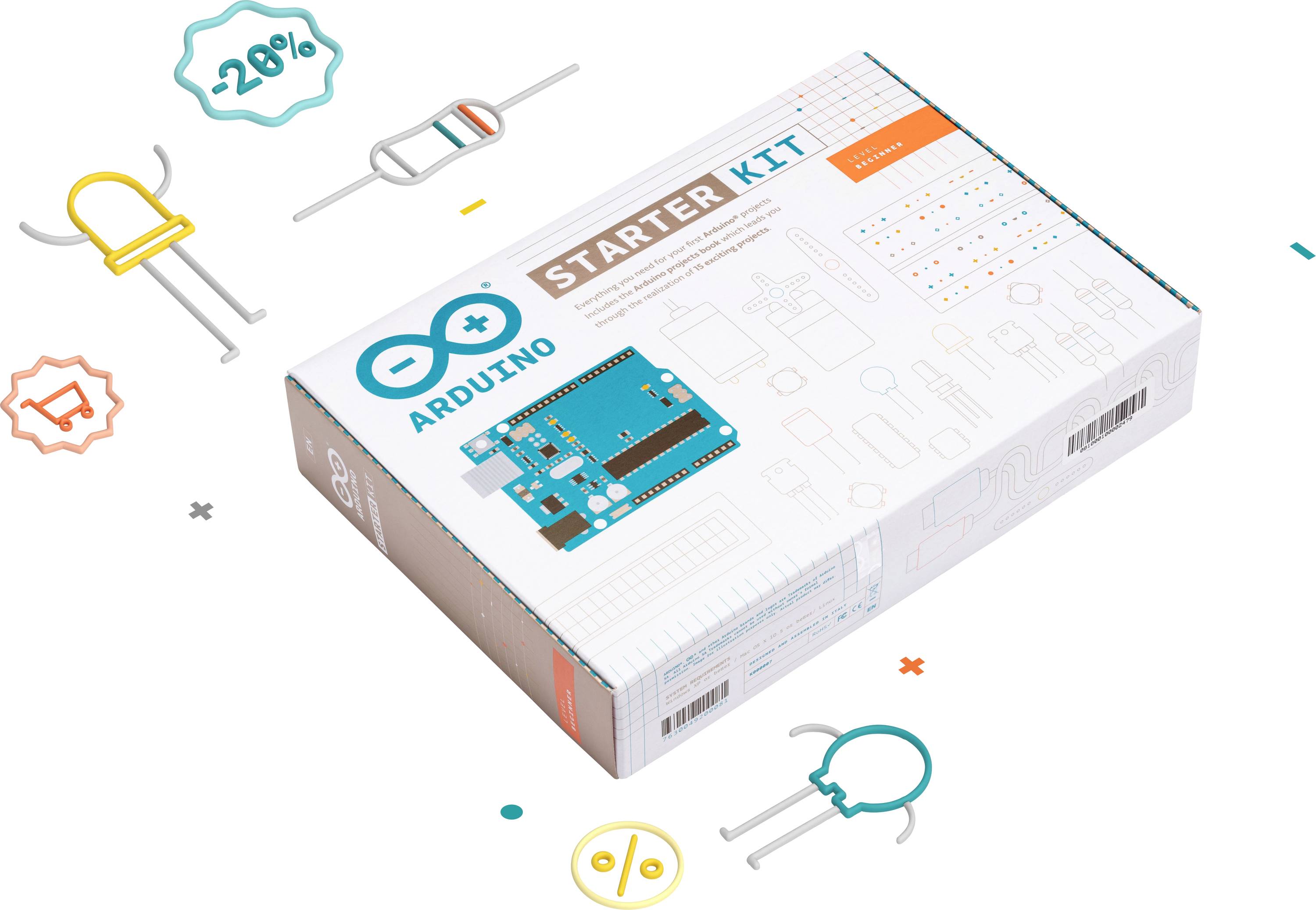 'Arduino Starter Kit' box with electronic component illustrations, including a circuit board, resistor, and LED on the packaging design.
