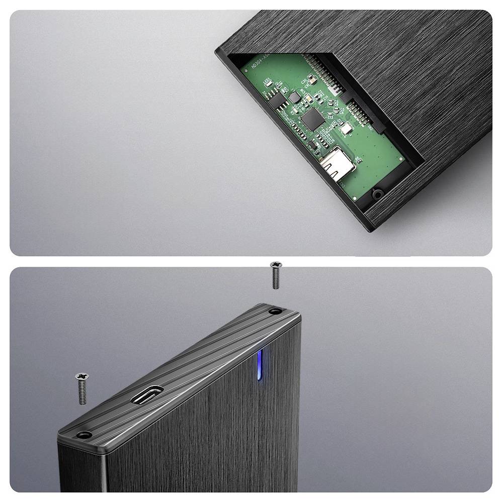 Two views of an external hard drive case: top view showing interior circuit board, bottom view with USB port and detached screws.
