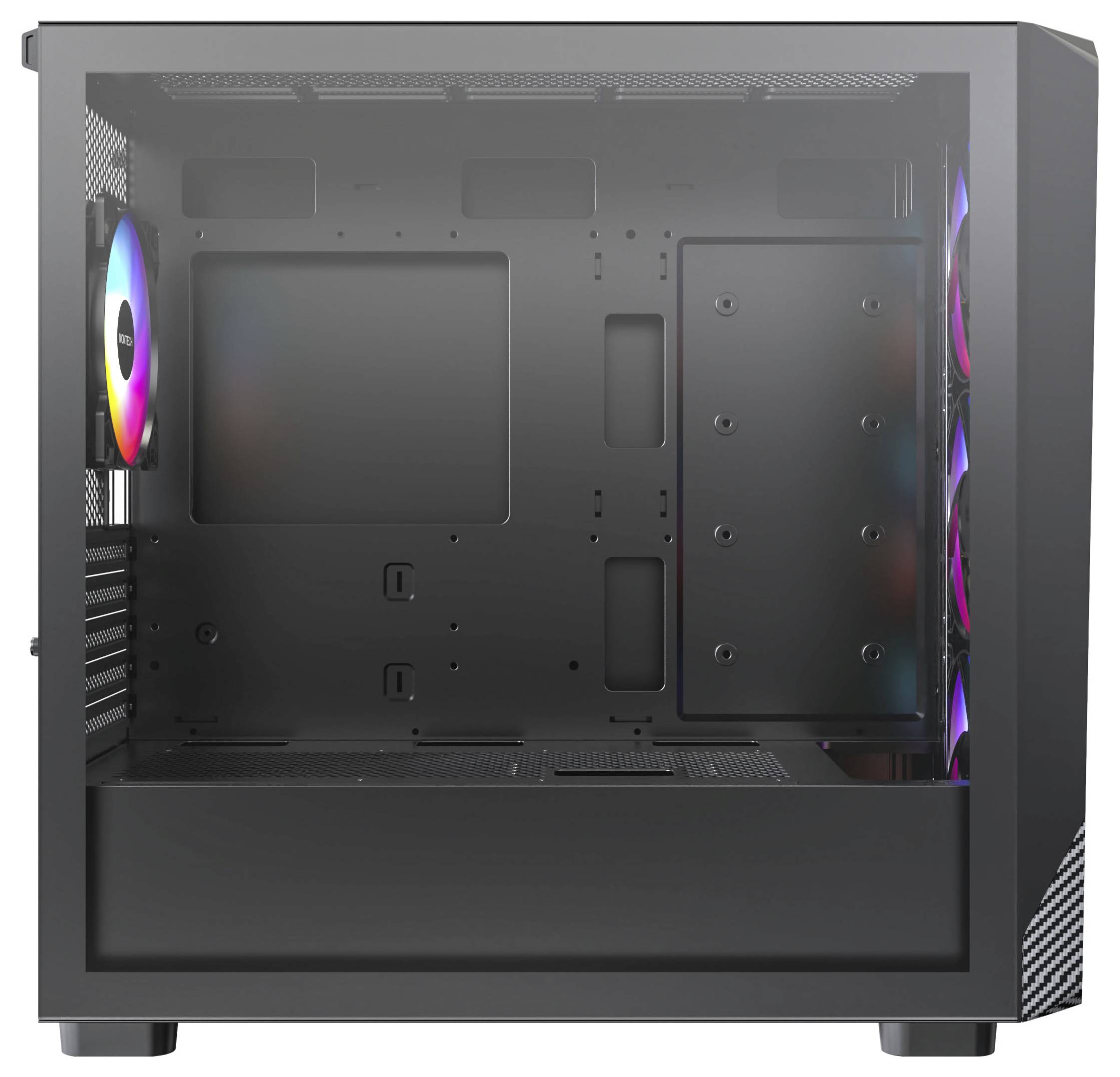 A black computer case with transparent side panel showing interior space. Three RGB fans are visible on the right, adding colorful lighting.