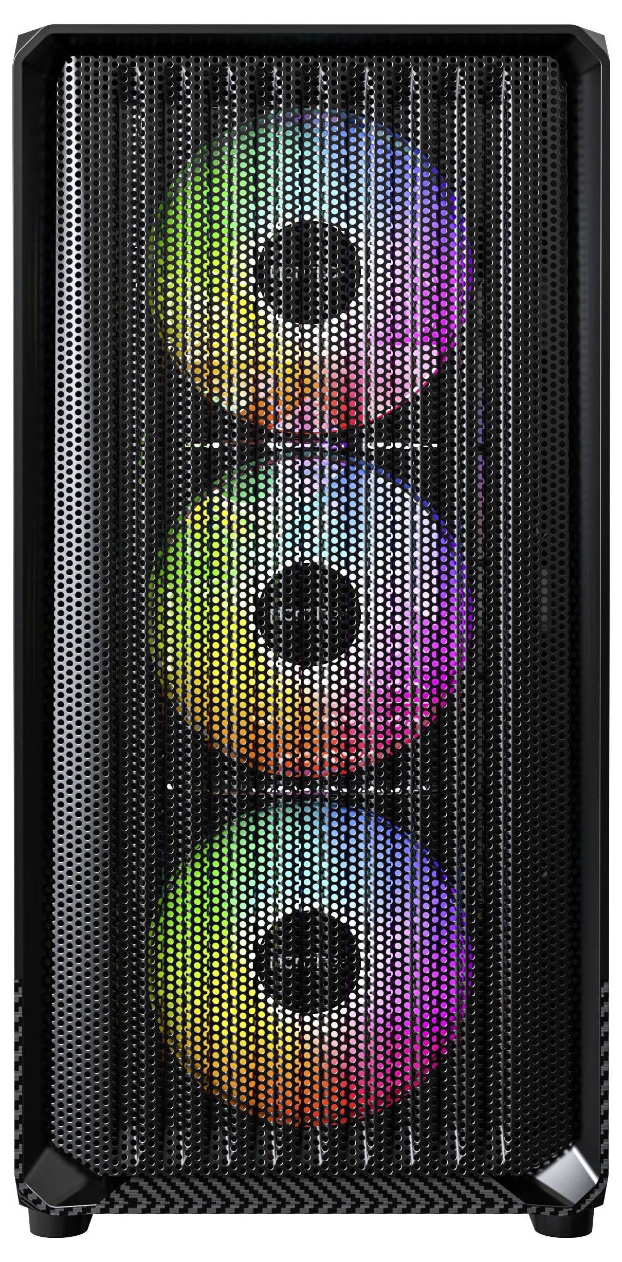 A black computer case front with a mesh design, featuring three vertically aligned, colorful RGB-lit cooling fans.