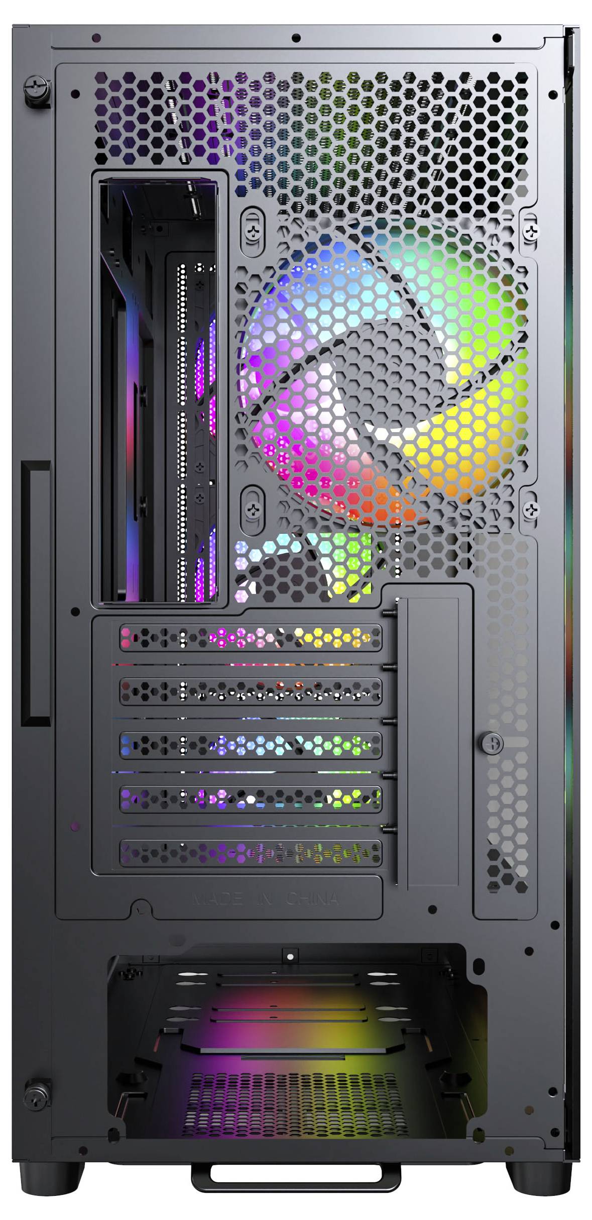 A computer tower's back view showing colorful RGB fan lights, multiple slots for components, and a vented metal cover.