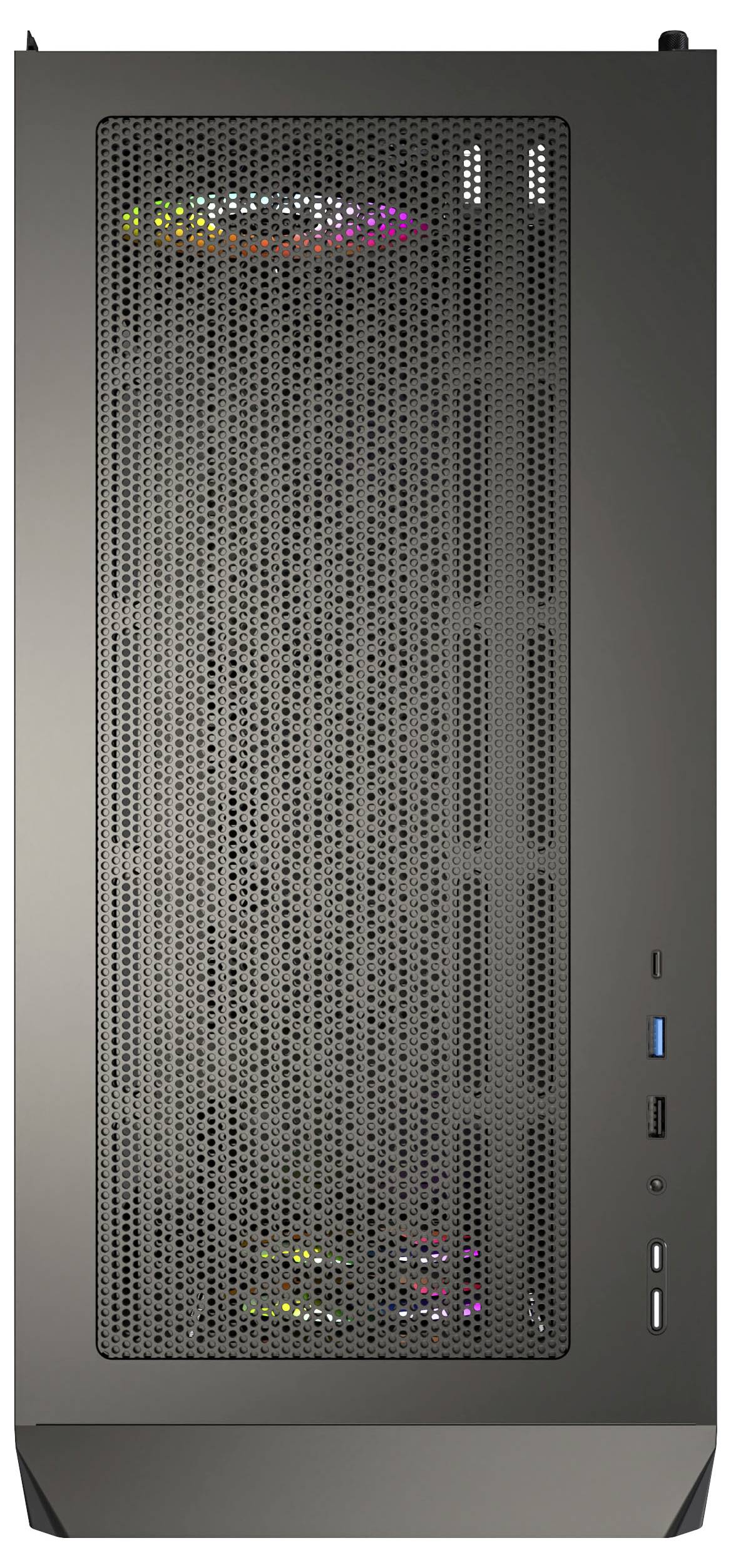 A black computer case with a perforated front panel, top fan visible through mesh, featuring USB ports on the side.