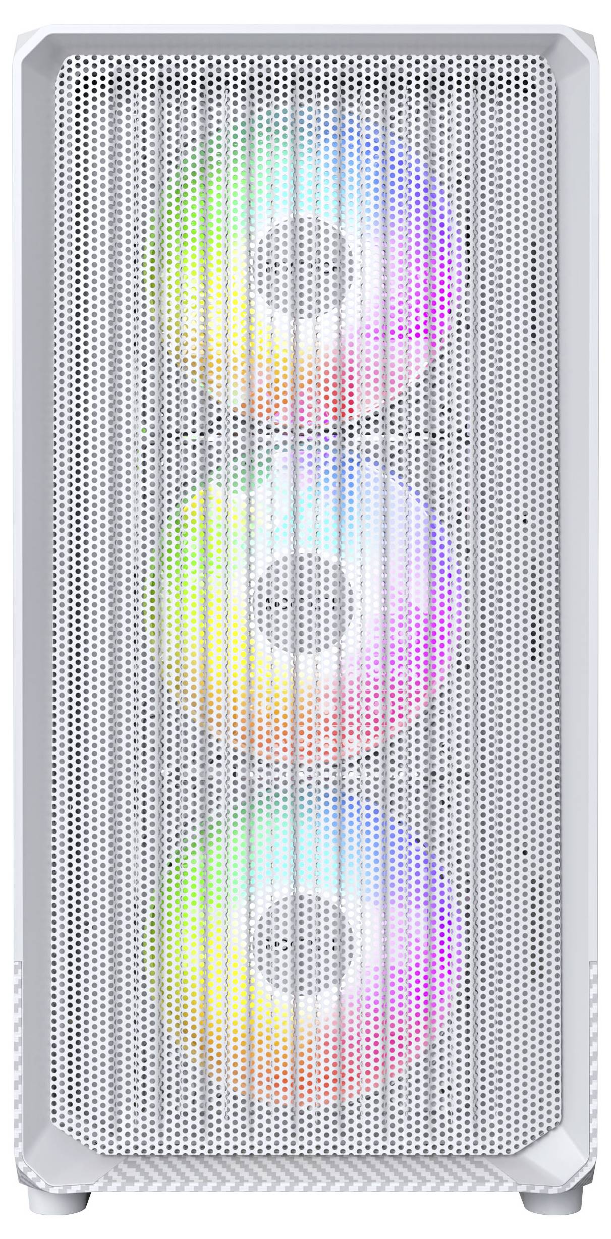 A white computer case with three visible RGB fans on the front, each glowing with different colors, indicating an active cooling system.