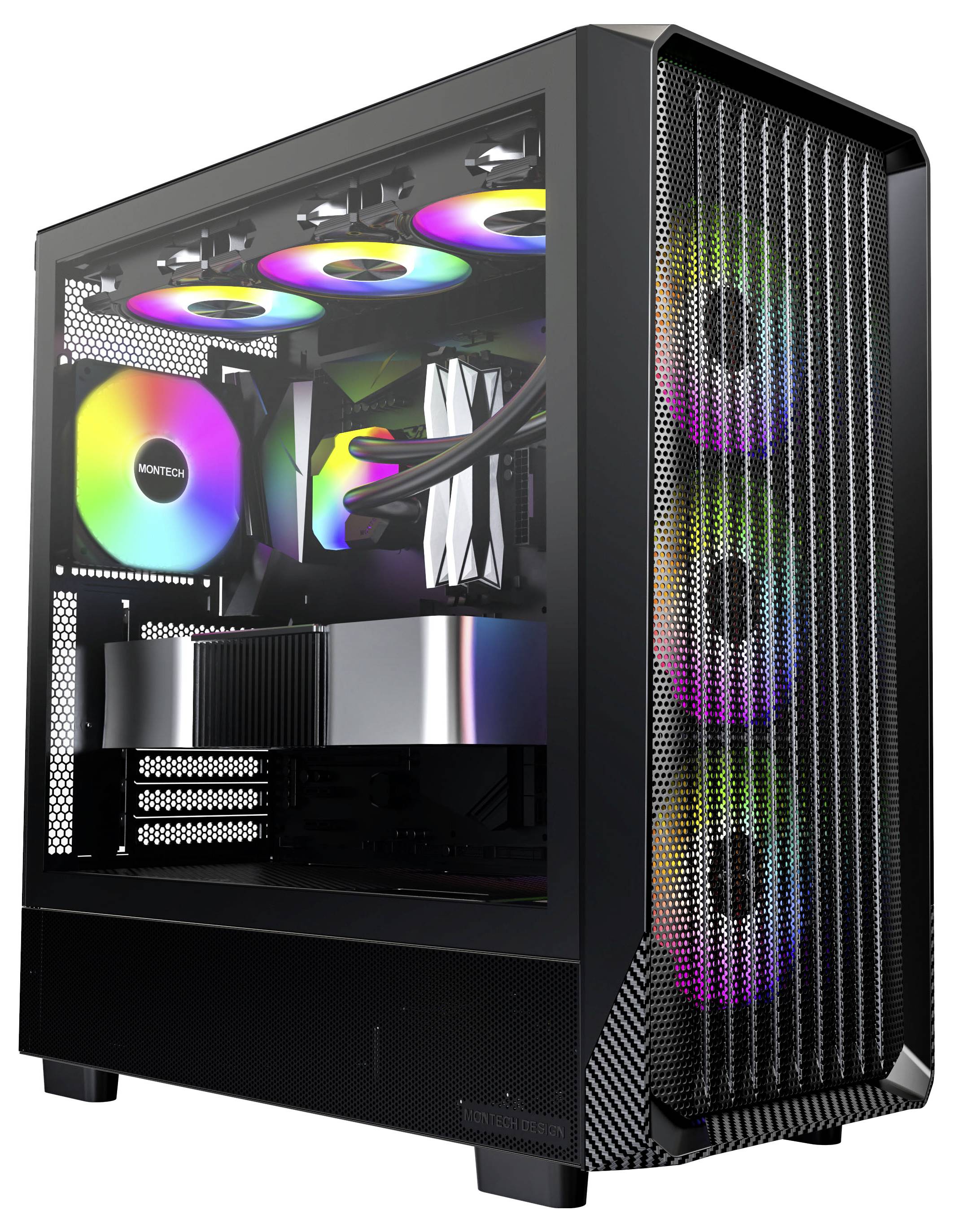 A black computer tower with transparent side panel showing colorful RGB lighting inside, including fans and components.