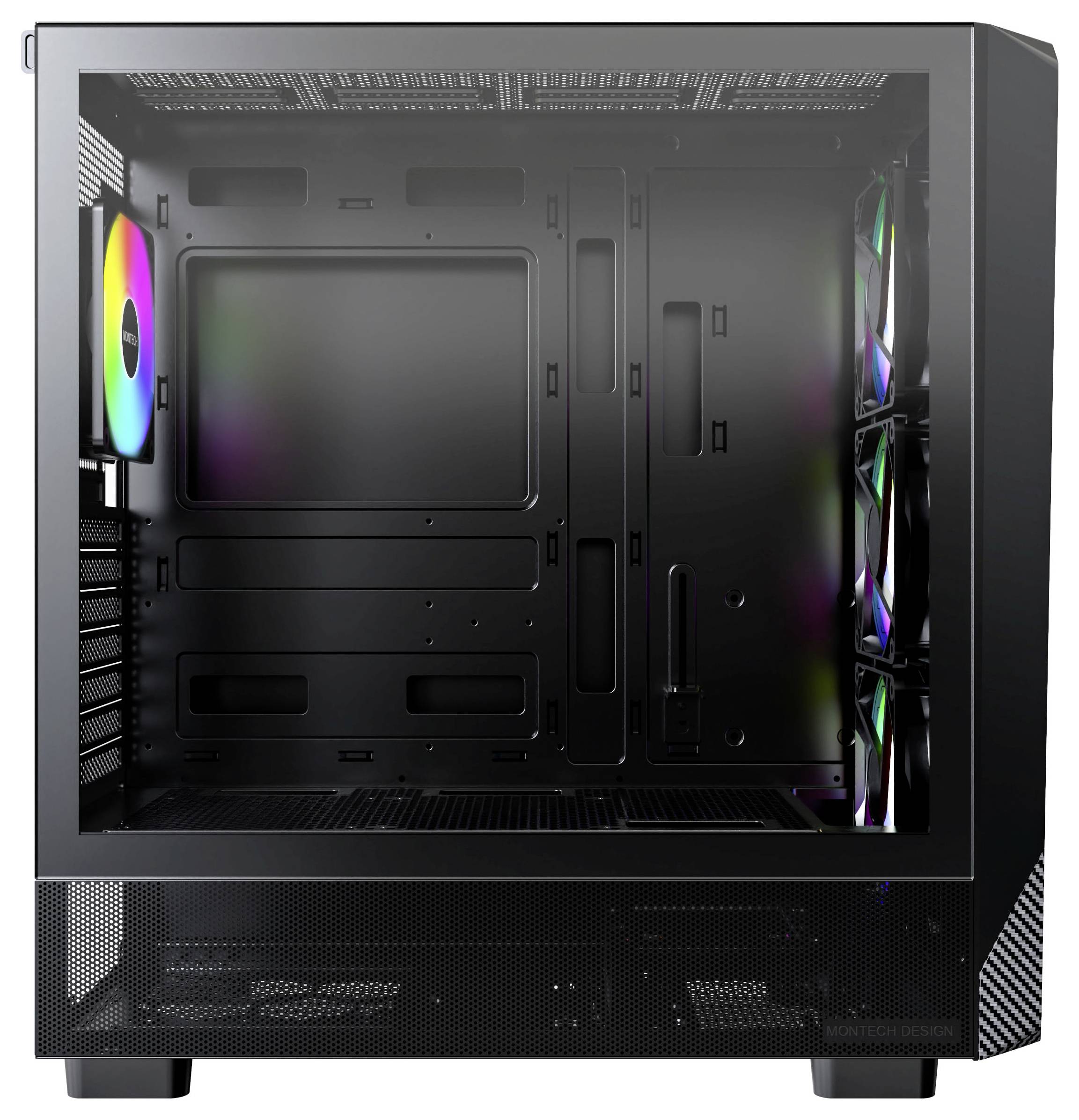 A black computer case with an empty interior, showing spaces for components, a mesh panel at the bottom, and RGB-lit fans on the side.