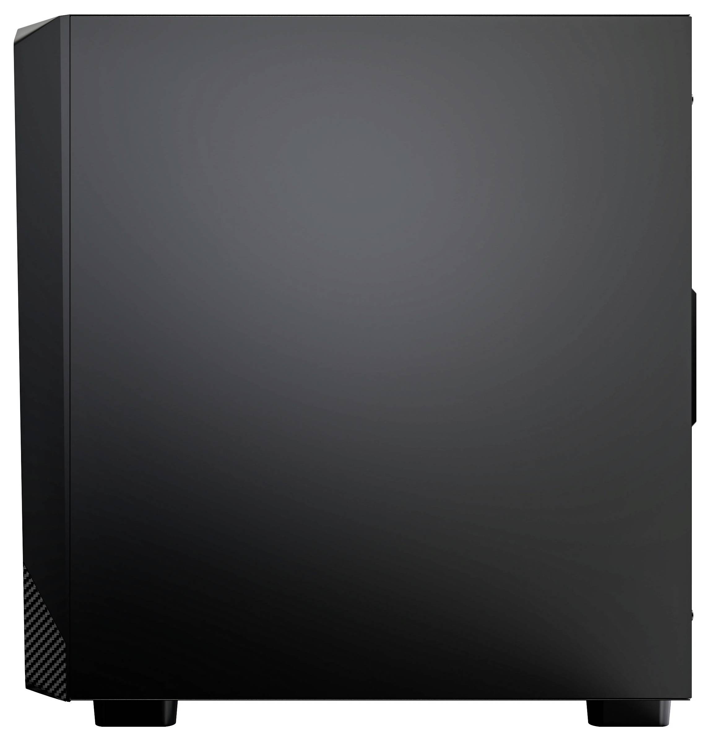 A sleek, black computer tower case with a matte finish, featuring subtle design details and small feet for stability.