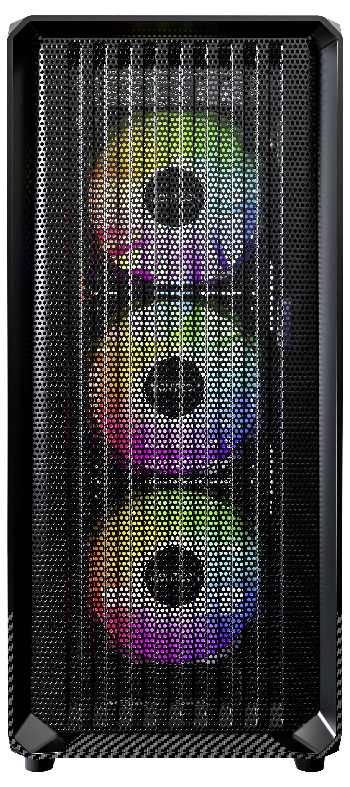 A black computer case with a mesh front panel displaying three RGB fans, showing a spectrum of colors.