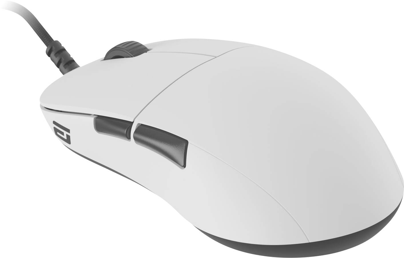 A sleek, white computer mouse with a scroll wheel and side buttons, connected by a cord, designed for ergonomic hand comfort and precision.