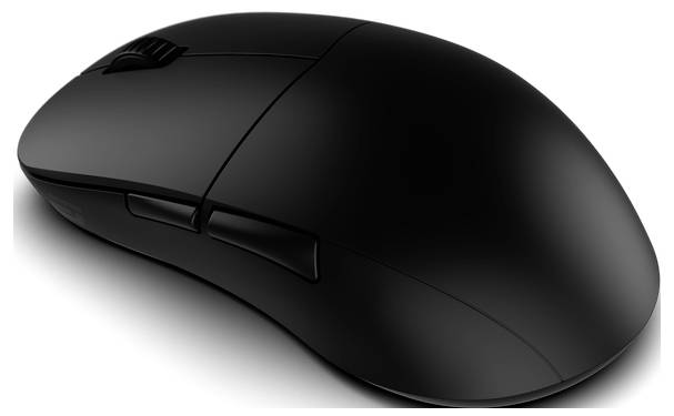 A sleek black computer mouse with a scroll wheel and clickable buttons, designed for ergonomic use.