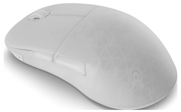A white wireless computer mouse with a scroll wheel, textured surface, and side buttons, designed for ergonomic use.