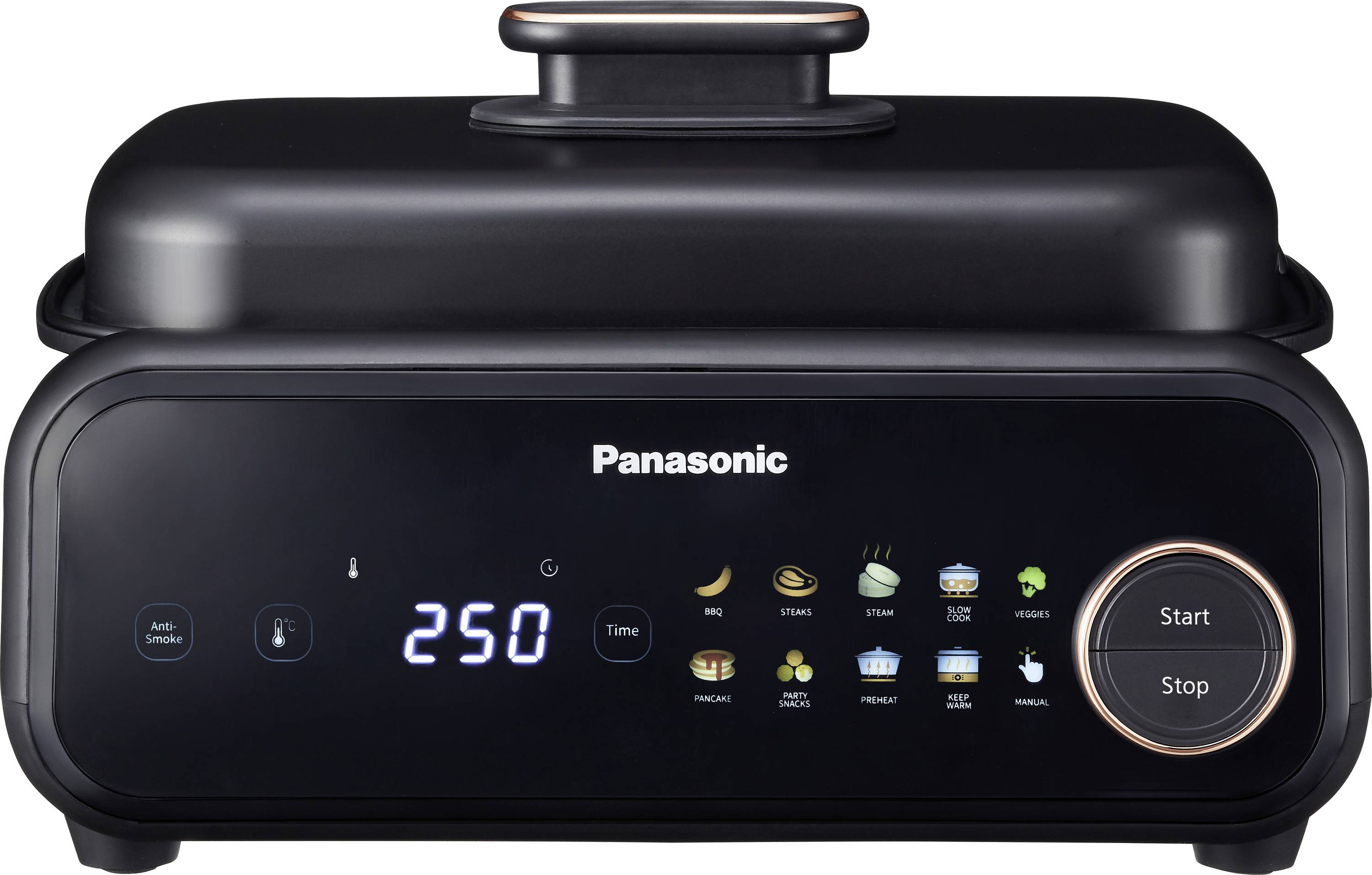 A black Panasonic multifunctional cooking appliance with touchscreen controls, displaying digital temperature '250' and various cooking mode icons.